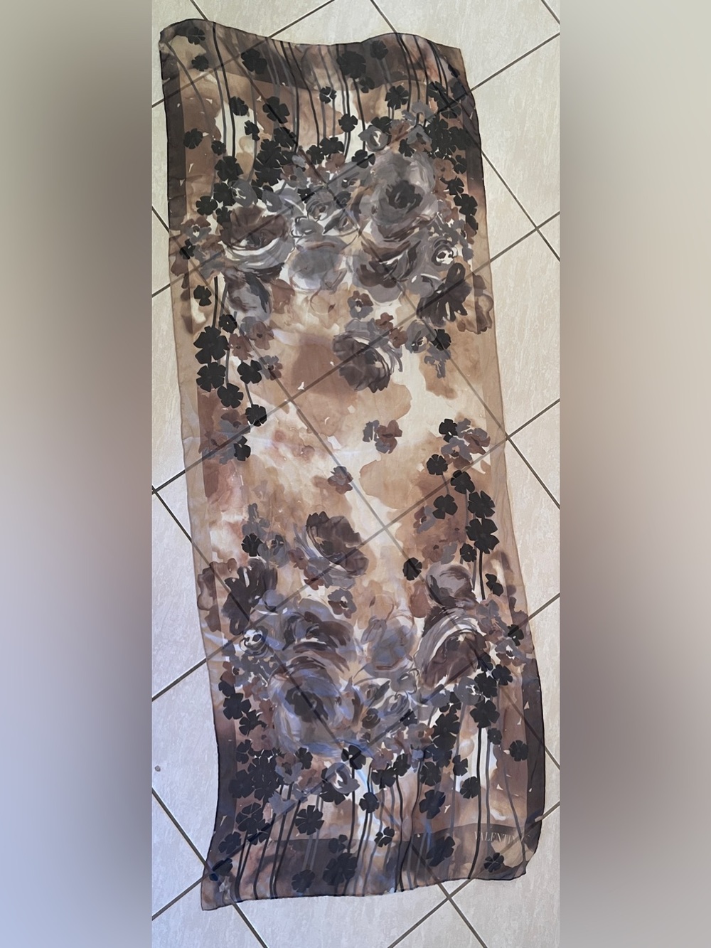 Valentino Floral Watercolor Silk Scarf in Brown, Black and Cream - Picture 2 of 13